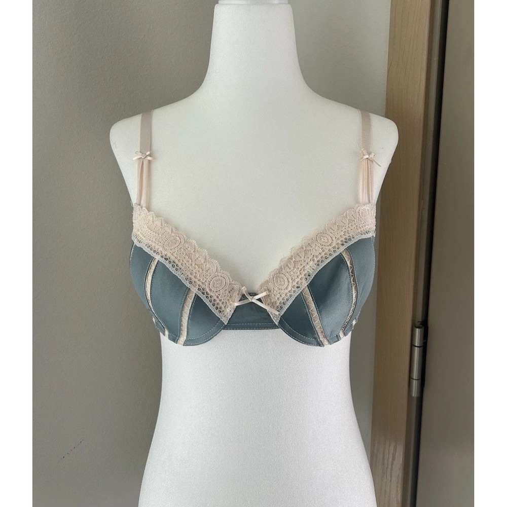 Blue Silk Lace Up Bow Bra Marilyn Monroe 34B Y2K Coquette Romantic Ditsy